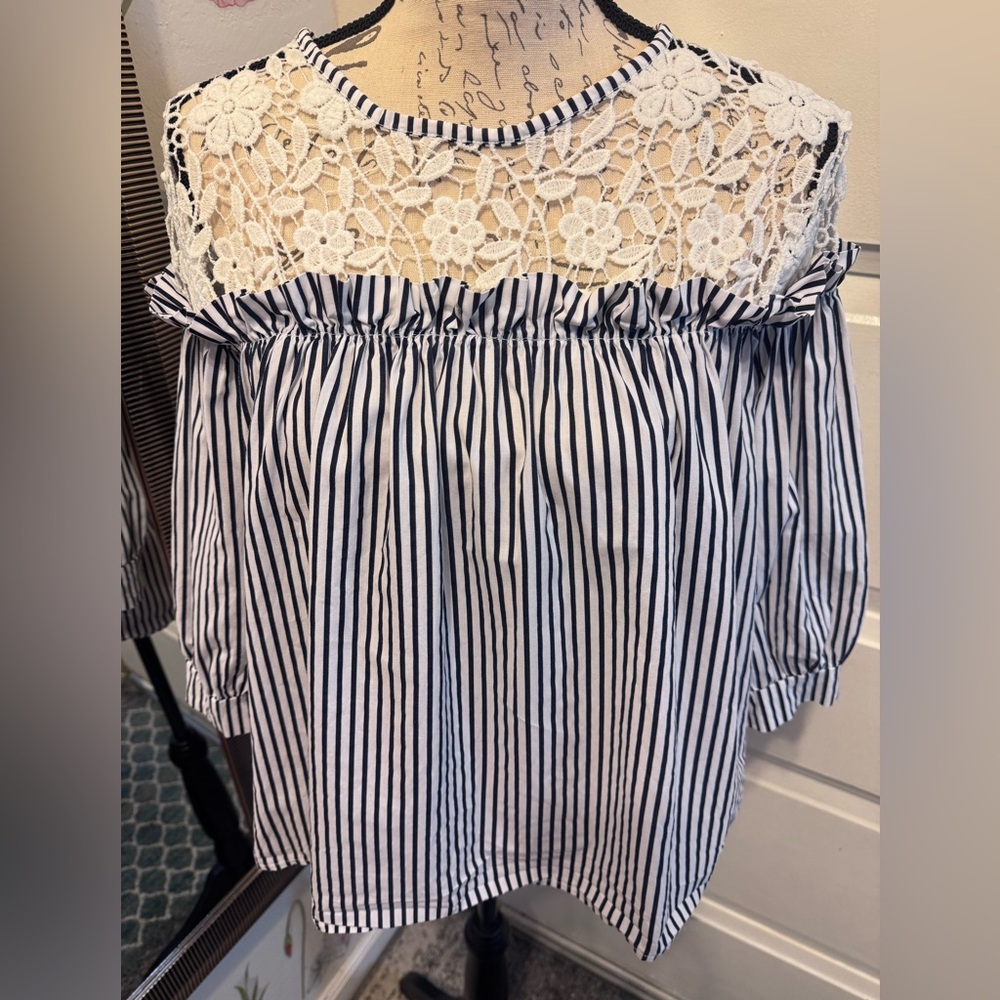 Lace Yoke Striped Off-Shoulder Top - Black & White